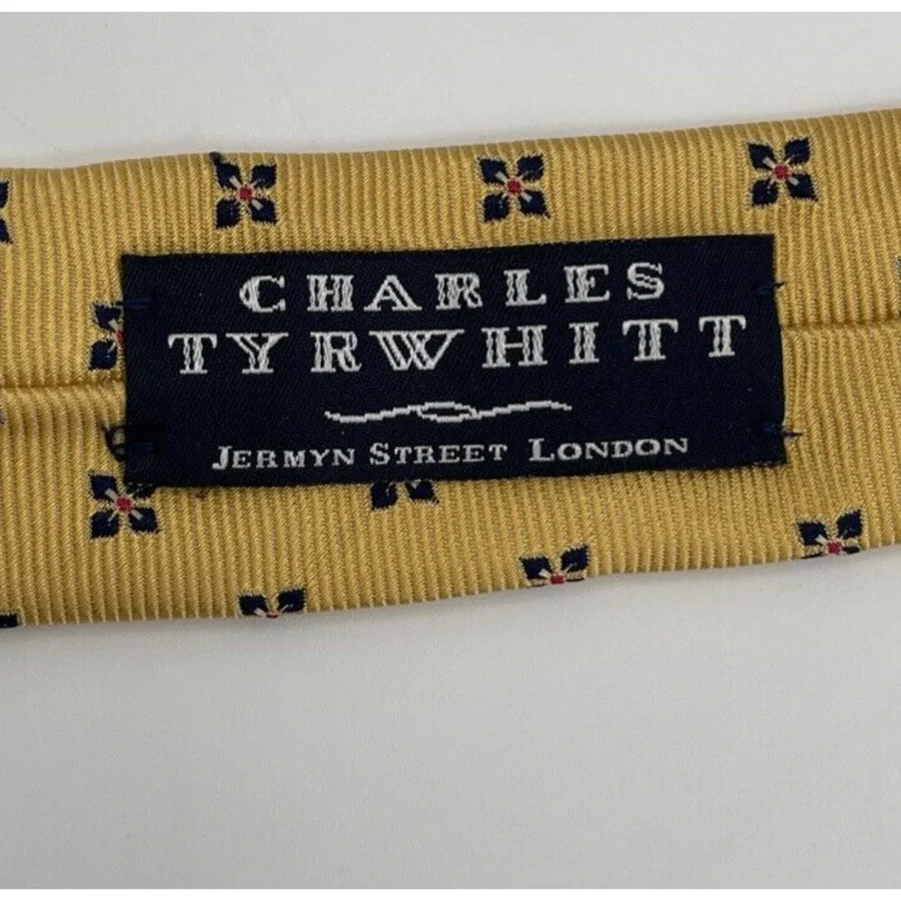 Charles Tyrwhitt‎ Silk Tie Gold Background Small Blue Flower Made In England